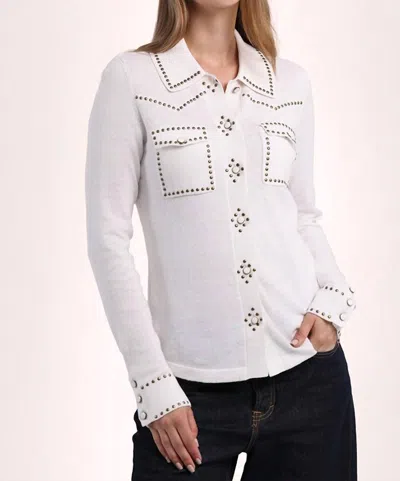 Minnie Rose Cotton Cashmere Hot Fix Button Down Shirt In White