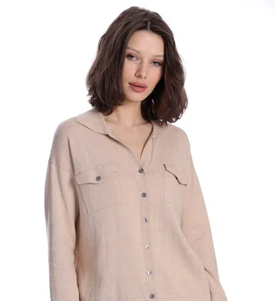 Minnie Rose Cotton Cashmere Long Sleeve Solid Camp Shirt In Brown