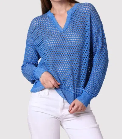 Minnie Rose Cotton Cashmere Mesh Split Neck Top In Bayou Blue