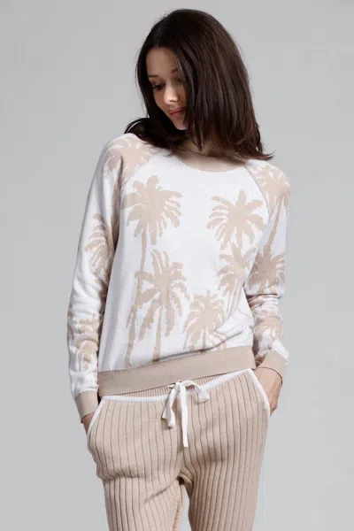Minnie Rose Cotton Cashmere Palm Tree Reversible Crew Sweater In Beige In Animal Print