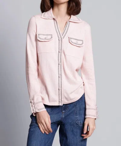 Minnie Rose Cotton Cashmere Pearl Button Shirt With Stitching In Lotus