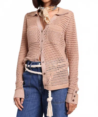 Minnie Rose Cotton Cashmere Plaited Mesh Button Down Shirt In Camel/white