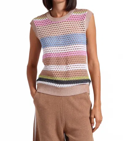 Minnie Rose Cotton Cashmere Plaited Mesh Stripe Muscle Tank Top In Camel Multi In Brown