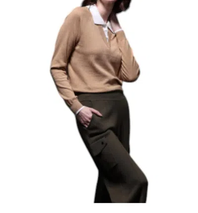 Minnie Rose Cotton Cashmere Polo With Collar And Tipping In Camel/white In Multi