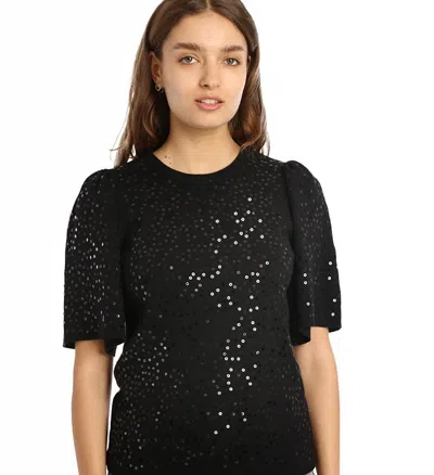 Minnie Rose Cotton Cashmere Sequin Flared Short Sleeve Top In Black