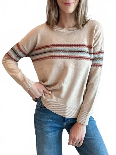 Minnie Rose Cotton Cashmere Stripe Crew Neck Sweater In Brown Sugar Combo