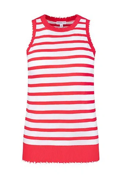 Minnie Rose Cotton Cashmere Striped Frayed Edge Tank In Red