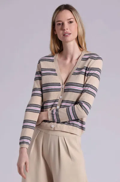 Minnie Rose Cotton Cashmere Striped V Neck Cardigan In Brown Sugar