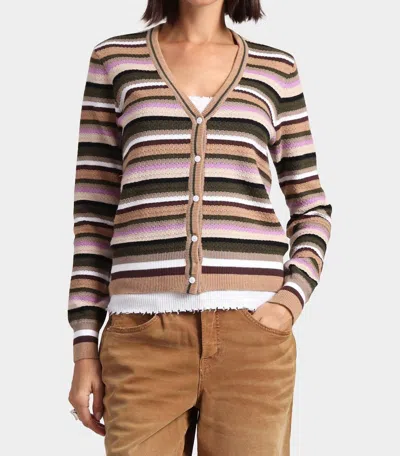 Minnie Rose Cotton Cashmere Weekend Texture Stripe Cardigan In Army Combo
