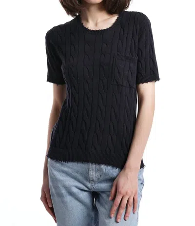 Minnie Rose Cotton Frayed Cable Tee In Navy In Black