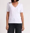 Minnie Rose Cotton Frayed Cable V-neck Tee In White In White