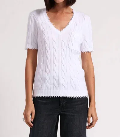 Minnie Rose Cotton Frayed Cable V-neck Tee In White