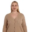 Minnie Rose Cotton Plus Frayed Cable Cardigan In Brown