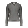 Minnie Rose Cotton V Neck Cable Pullover With Collar In Grey