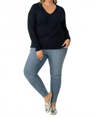 Minnie Rose Distressed Long Sleeve V-neck Sweater - Plus Size In Navy