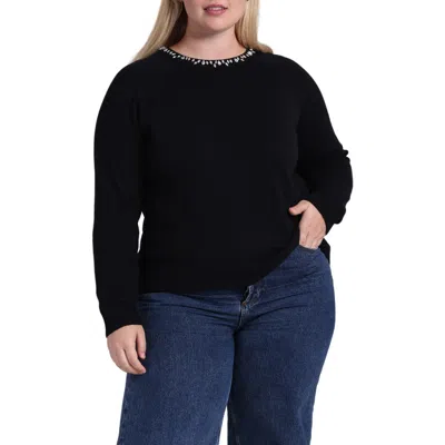 Minnie Rose Embellished Cotton & Cashmere Crewneck Sweater In Black