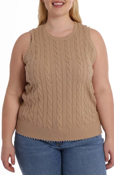 Minnie Rose Plus Size Cotton Frayed Cable Tank Top In Brown Sugar