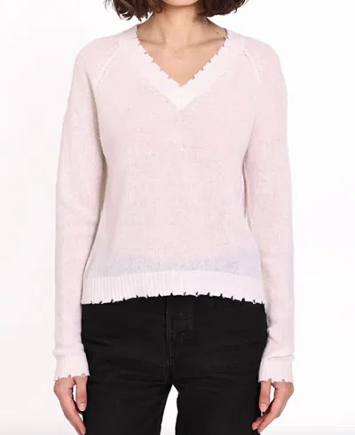 Minnie Rose Frayed Edge Cropped V-neck Sweater In White In Pink