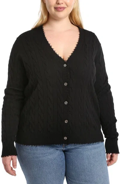 Minnie Rose Cotton Frayed Cable Cardigan In Black