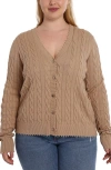 Minnie Rose Plus Size Frayed Cable-knit Cardigan In Brown
