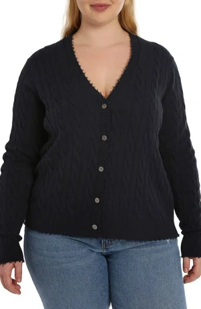 Minnie Rose Plus Size Cotton Frayed Cable Long Sleeve V Neck Sweater Top In Navy