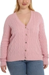 Minnie Rose Plus Size Frayed Cable-knit Cardigan In Pink Pearl