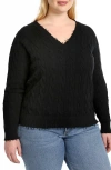 Minnie Rose Women's Frayed Cable-knit Sweater In Black