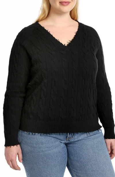Minnie Rose Women's Frayed Cable-knit Sweater In Black
