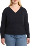 MINNIE ROSE MINNIE ROSE FRAYED V-NECK CABLE KNIT COTTON SWEATER