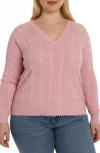 Minnie Rose Plus Size Cotton Cashmere Cold Shoulder V-neck Sweater In Pink Pearl