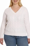 Minnie Rose Cotton Cable Long Sleeve V-neck With Frayed Edges Sweater In White