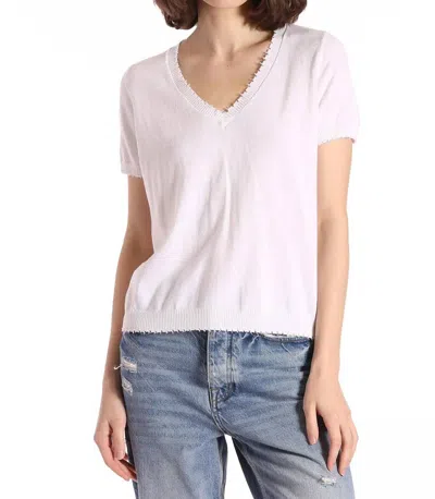 Minnie Rose Frayed V-neck Tee In White