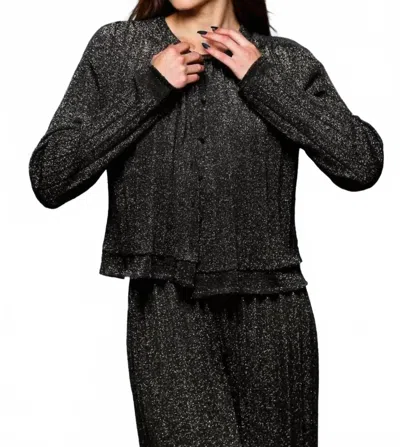 Minnie Rose Lurex Long Sleeve Pleated Cardigan In Black