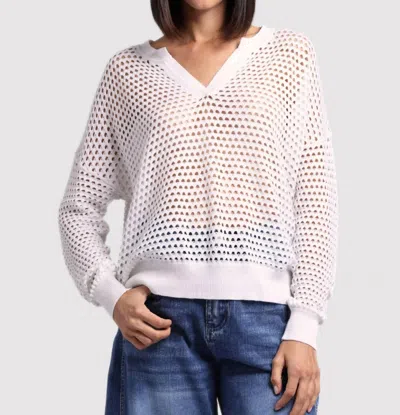 Minnie Rose Mesh Split Neck Long Sleeve Top In White
