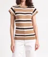 Minnie Rose Multi Stripe Cap Sleeve Crewneck Tee In Desert Sand Combo In Brown