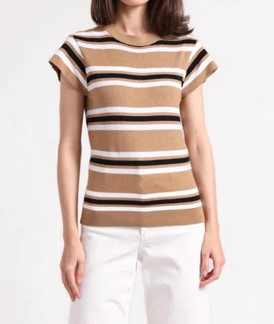 Minnie Rose Multi Stripe Cap Sleeve Crewneck Tee In Desert Sand Combo In Brown