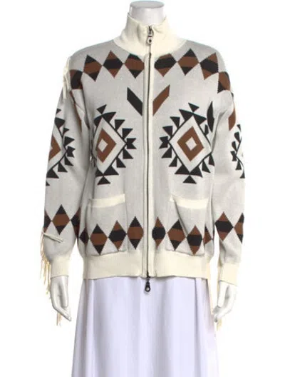Pre-owned Minnie Rose Patterned Mock Neck Sweater In White