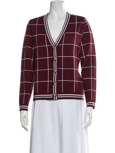 Pre-owned Minnie Rose Plaid Print V-neck Sweater In Burgundy