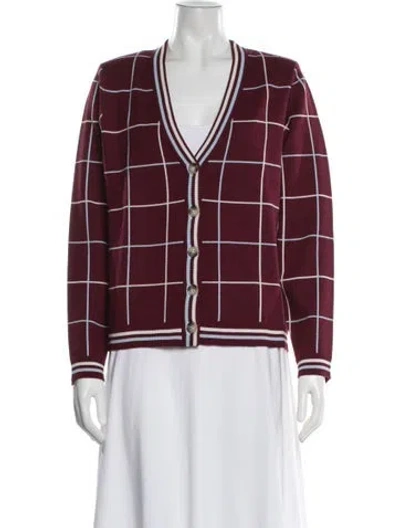 Pre-owned Minnie Rose Plaid Print V-neck Sweater W/ Tags In Burgundy