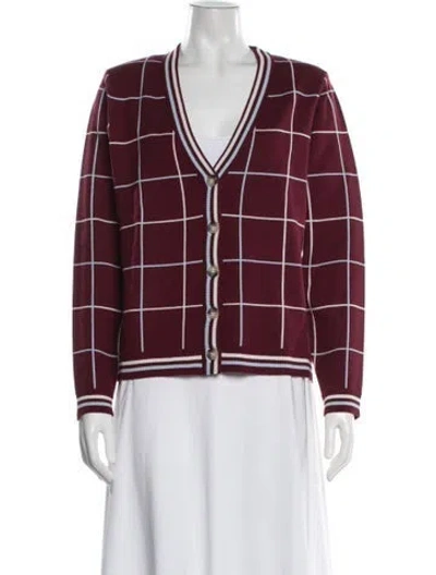 Pre-owned Minnie Rose Plaid Print V-neck Sweater W/ Tags In Burgundy