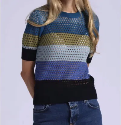 Minnie Rose Plaited Mesh Stripe Short Sleeve Crew Top In Cool Combo In Multi