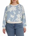 Minnie Rose Plus Size Cotton Blend Long Sleeve Reversible Floral Crew Sweater In Fresco Blue Starch