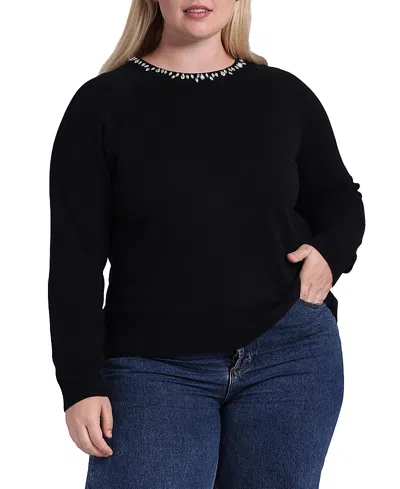 Minnie Rose Plus Size Cotton Cashmere Raglan Jewel Neck Sweater In Black