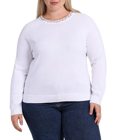 Minnie Rose Plus Size Cotton Cashmere Raglan Jewel Neck Sweater In White