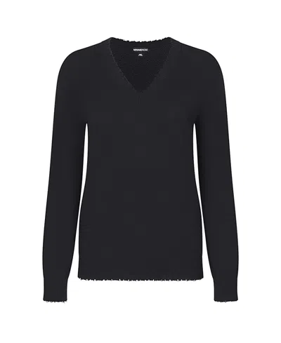 Minnie Rose Cotton Distressed Long Sleeve V-neck Sweater In Black