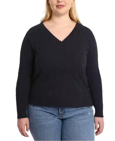 Minnie Rose Plus Size Cotton Frayed Cable Cardigan In Blue