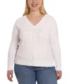Minnie Rose Plus Size Cotton Frayed Cable Cardigan In White