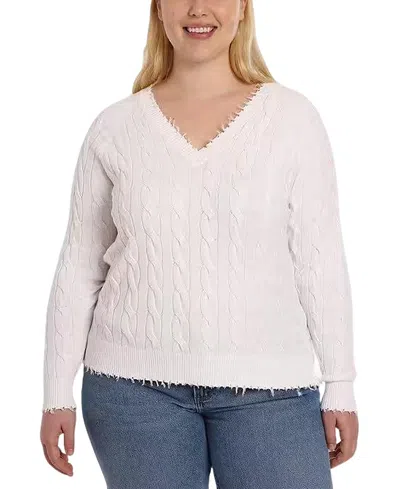Minnie Rose Plus Size Cotton Frayed Cable Cardigan In White