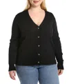 Minnie Rose Plus Size Cotton Frayed Cable Long Sleeve V Neck Sweater Top In Black