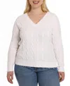 Minnie Rose Cotton Cable Long Sleeve V-neck With Frayed Edges Sweater In White
